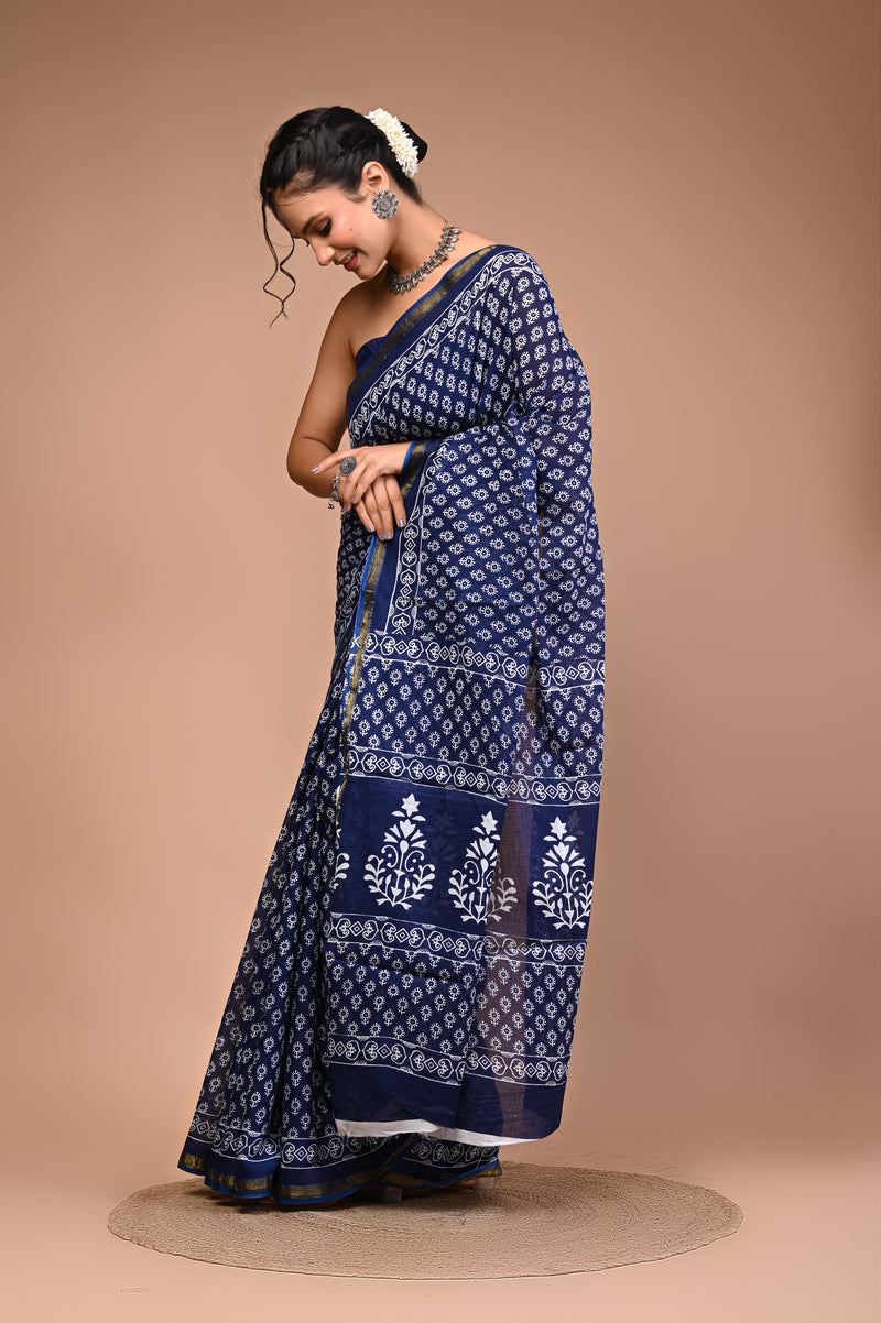 Lovwear Blue Indigo Booti Cotton MulMul Saree with Zari Border - Pleats & Full Length View