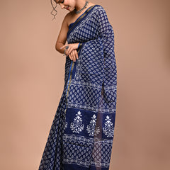 Lovwear Blue Indigo Booti Cotton MulMul Saree with Zari Border - Pleats & Full Length View