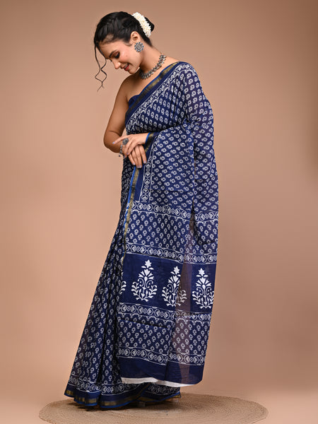 Lovwear Blue Indigo Booti Cotton MulMul Saree with Zari Border - Pleats & Full Length View