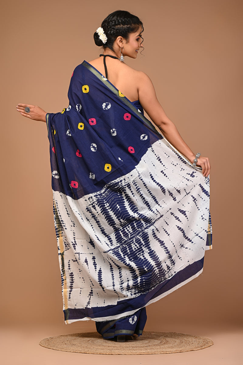 Lovwear Blue Multi Shibori Cotton MulMul Saree with Zari Border - Front View