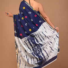 Lovwear Blue Multi Shibori Cotton MulMul Saree with Zari Border - Front View