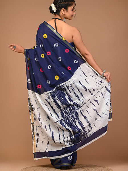 Lovwear Blue Multi Shibori Cotton MulMul Saree with Zari Border - Front View