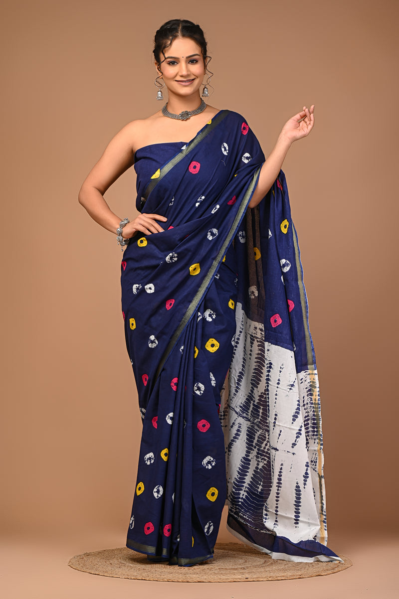 Lovwear Blue Multi Shibori Cotton MulMul Saree with Zari Border - Pallu & Border Detail View