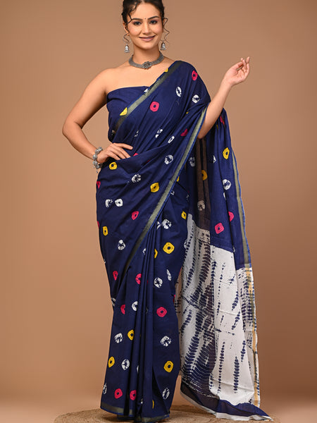 Lovwear Blue Multi Shibori Cotton MulMul Saree with Zari Border - Pallu & Border Detail View