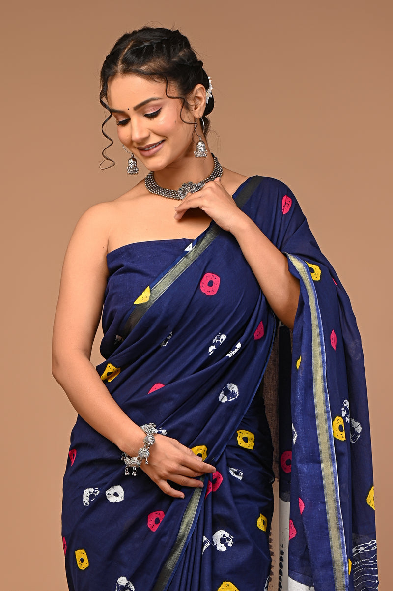 Lovwear Blue Multi Shibori Cotton MulMul Saree with Zari Border - Fabric Texture View