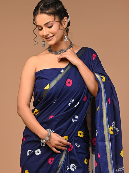 Lovwear Blue Multi Shibori Cotton MulMul Saree with Zari Border - Fabric Texture View