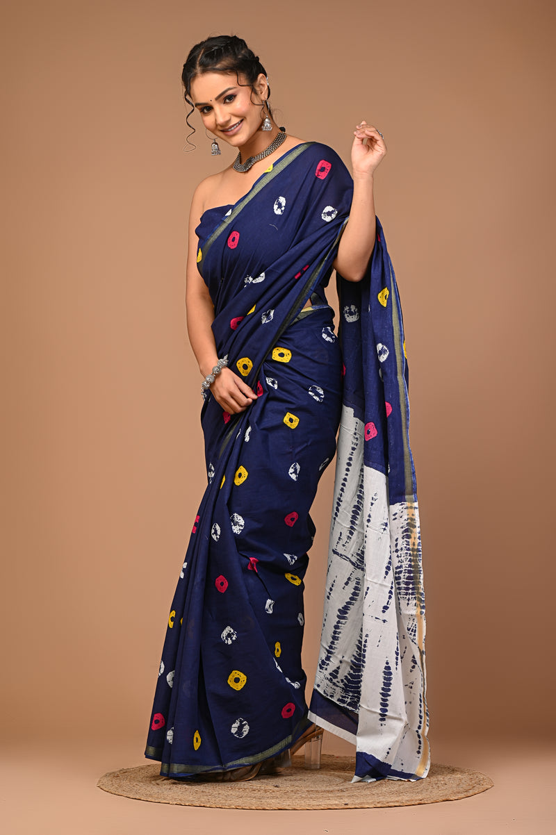 Lovwear Blue Multi Shibori Cotton MulMul Saree with Zari Border - Pleats & Full Length View