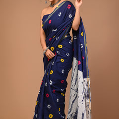 Lovwear Blue Multi Shibori Cotton MulMul Saree with Zari Border - Pleats & Full Length View