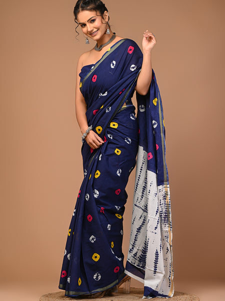 Lovwear Blue Multi Shibori Cotton MulMul Saree with Zari Border - Pleats & Full Length View