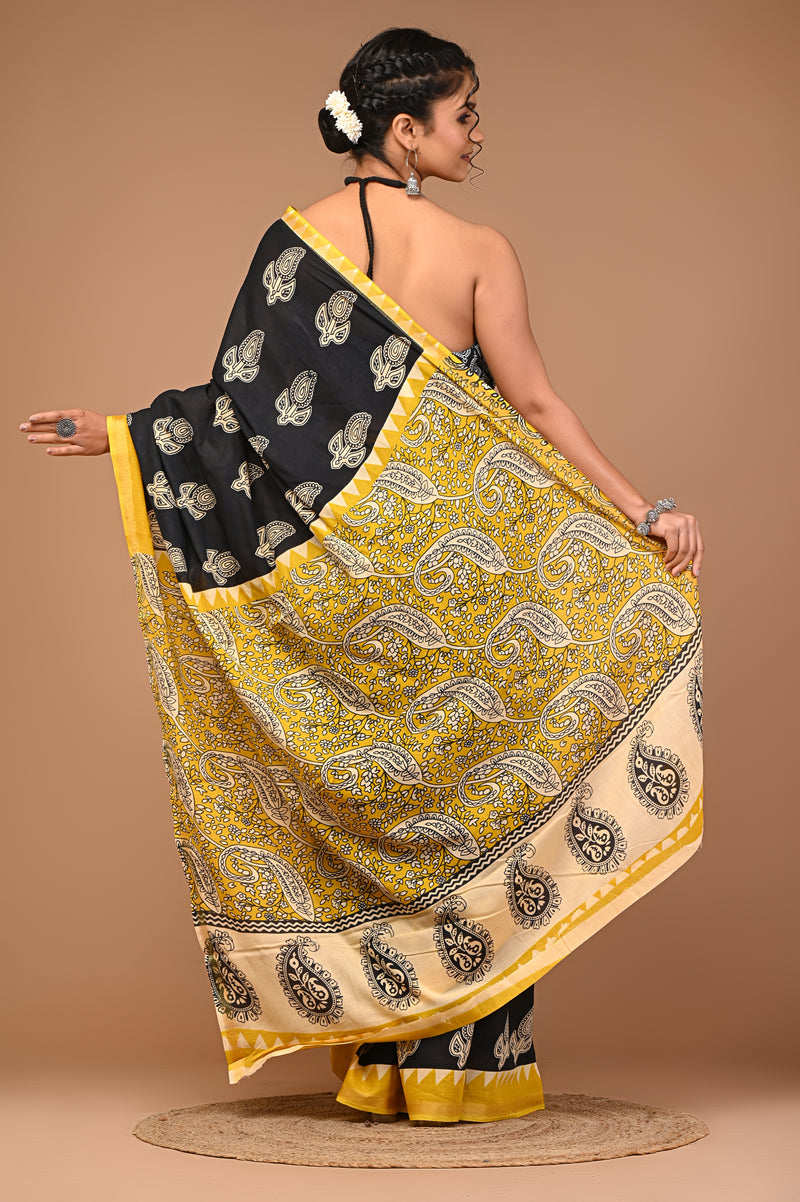 Lovwear Black Bagru Boota Cotton MulMul Saree with Zari Border - Front View