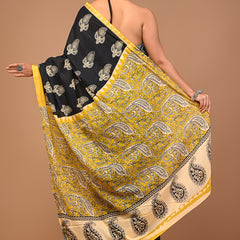 Lovwear Black Bagru Boota Cotton MulMul Saree with Zari Border - Front View
