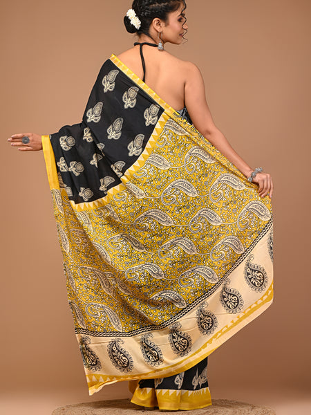 Lovwear Black Bagru Boota Cotton MulMul Saree with Zari Border - Front View