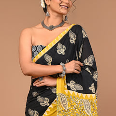 Lovwear Black Bagru Boota Cotton MulMul Saree with Zari Border - Pallu & Border Detail View