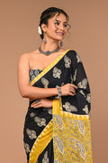 Lovwear Black Bagru Boota Cotton MulMul Saree with Zari Border
