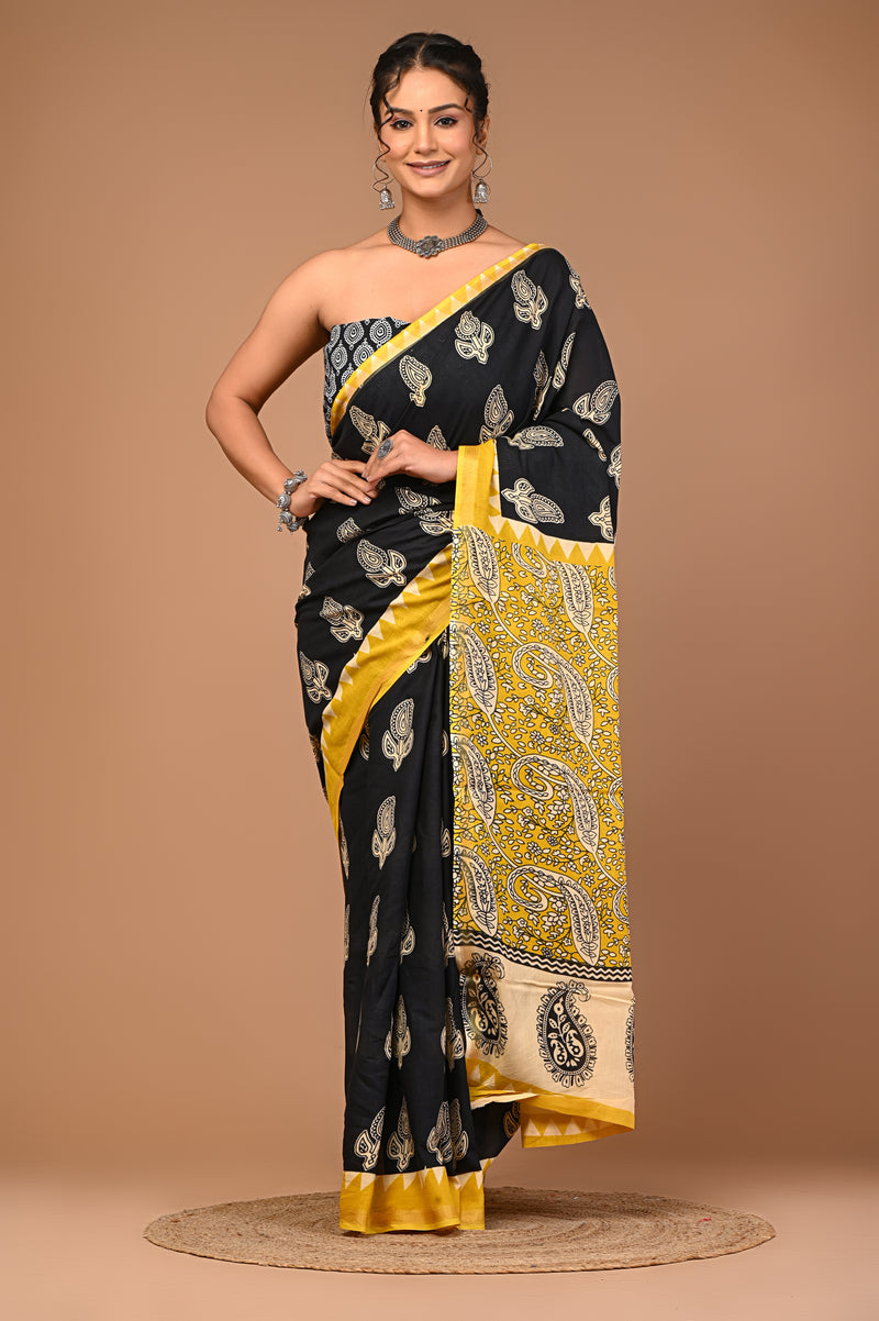 Lovwear Black Bagru Boota Cotton MulMul Saree with Zari Border - Fabric Texture View