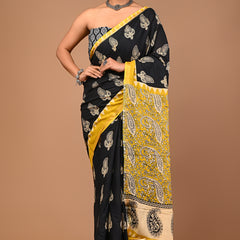 Lovwear Black Bagru Boota Cotton MulMul Saree with Zari Border - Fabric Texture View