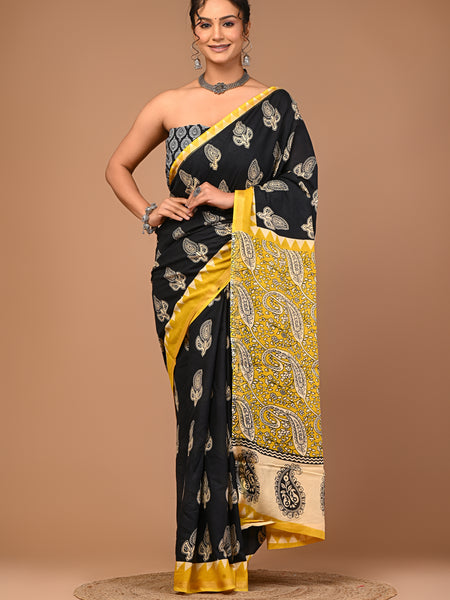 Lovwear Black Bagru Boota Cotton MulMul Saree with Zari Border - Fabric Texture View