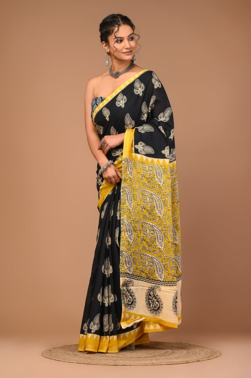 Lovwear Black Bagru Boota Cotton MulMul Saree with Zari Border - Pleats & Full Length View
