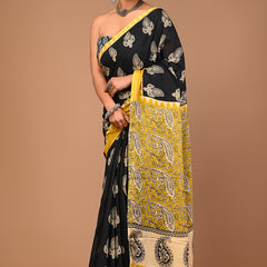 Lovwear Black Bagru Boota Cotton MulMul Saree with Zari Border - Pleats & Full Length View