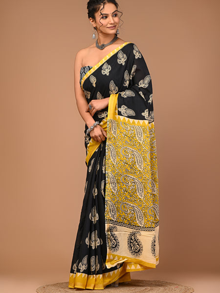 Lovwear Black Bagru Boota Cotton MulMul Saree with Zari Border - Pleats & Full Length View