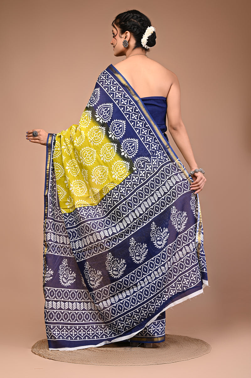 Lovwear Blue Lemony Motif Cotton MulMul Saree with Zari Border - Front View