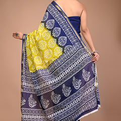 Lovwear Blue Lemony Motif Cotton MulMul Saree with Zari Border - Front View