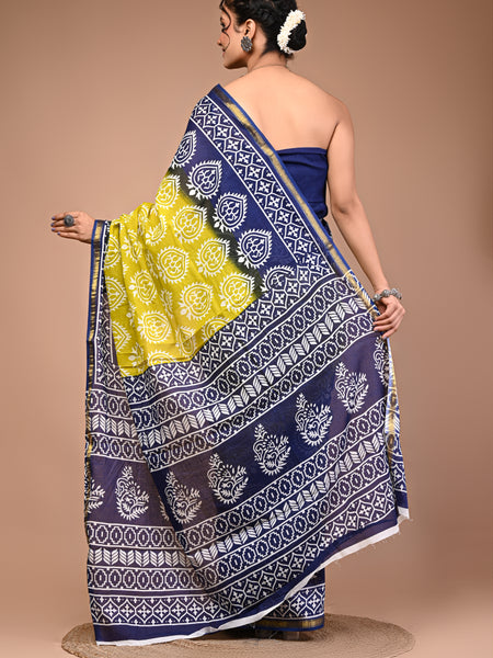Lovwear Blue Lemony Motif Cotton MulMul Saree with Zari Border - Front View