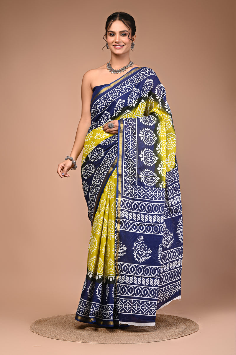 Lovwear Blue Lemony Motif Cotton MulMul Saree with Zari Border - Pallu & Border Detail View