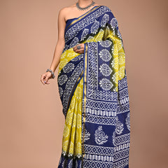 Lovwear Blue Lemony Motif Cotton MulMul Saree with Zari Border - Pallu & Border Detail View