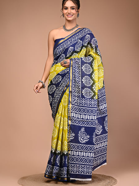 Lovwear Blue Lemony Motif Cotton MulMul Saree with Zari Border - Pallu & Border Detail View