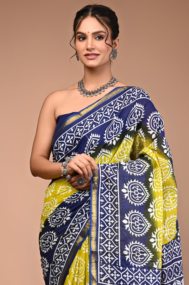 Lovwear Blue Lemony Motif Cotton MulMul Saree with Zari Border - Fabric Texture View