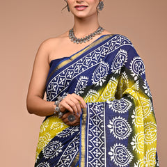 Lovwear Blue Lemony Motif Cotton MulMul Saree with Zari Border - Fabric Texture View