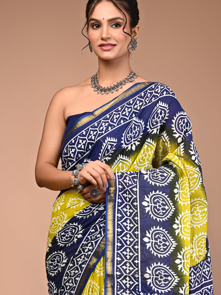 Lovwear Blue Lemony Motif Cotton MulMul Saree with Zari Border - Fabric Texture View