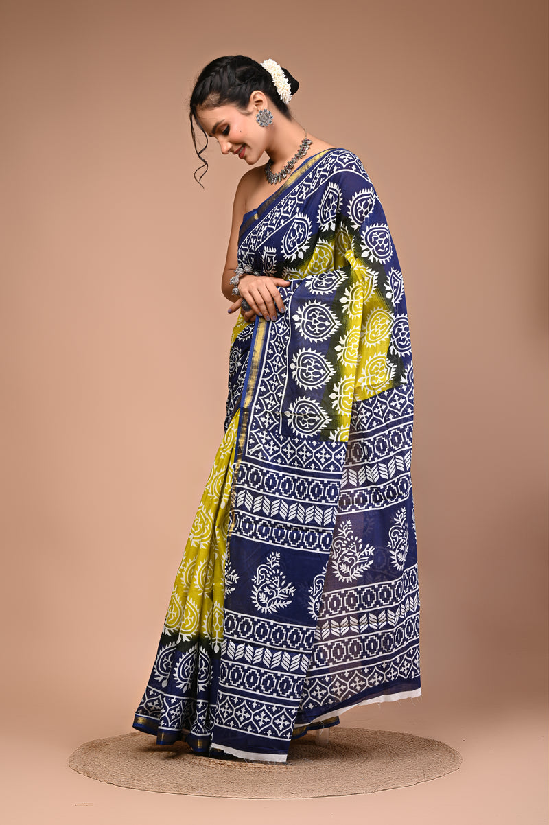Lovwear Blue Lemony Motif Cotton MulMul Saree with Zari Border - Pleats & Full Length View
