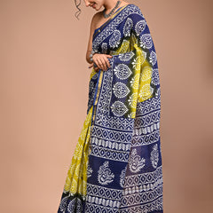 Lovwear Blue Lemony Motif Cotton MulMul Saree with Zari Border - Pleats & Full Length View