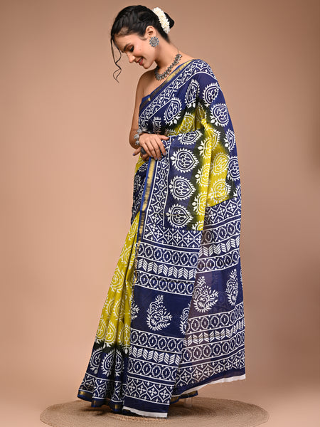 Lovwear Blue Lemony Motif Cotton MulMul Saree with Zari Border - Pleats & Full Length View