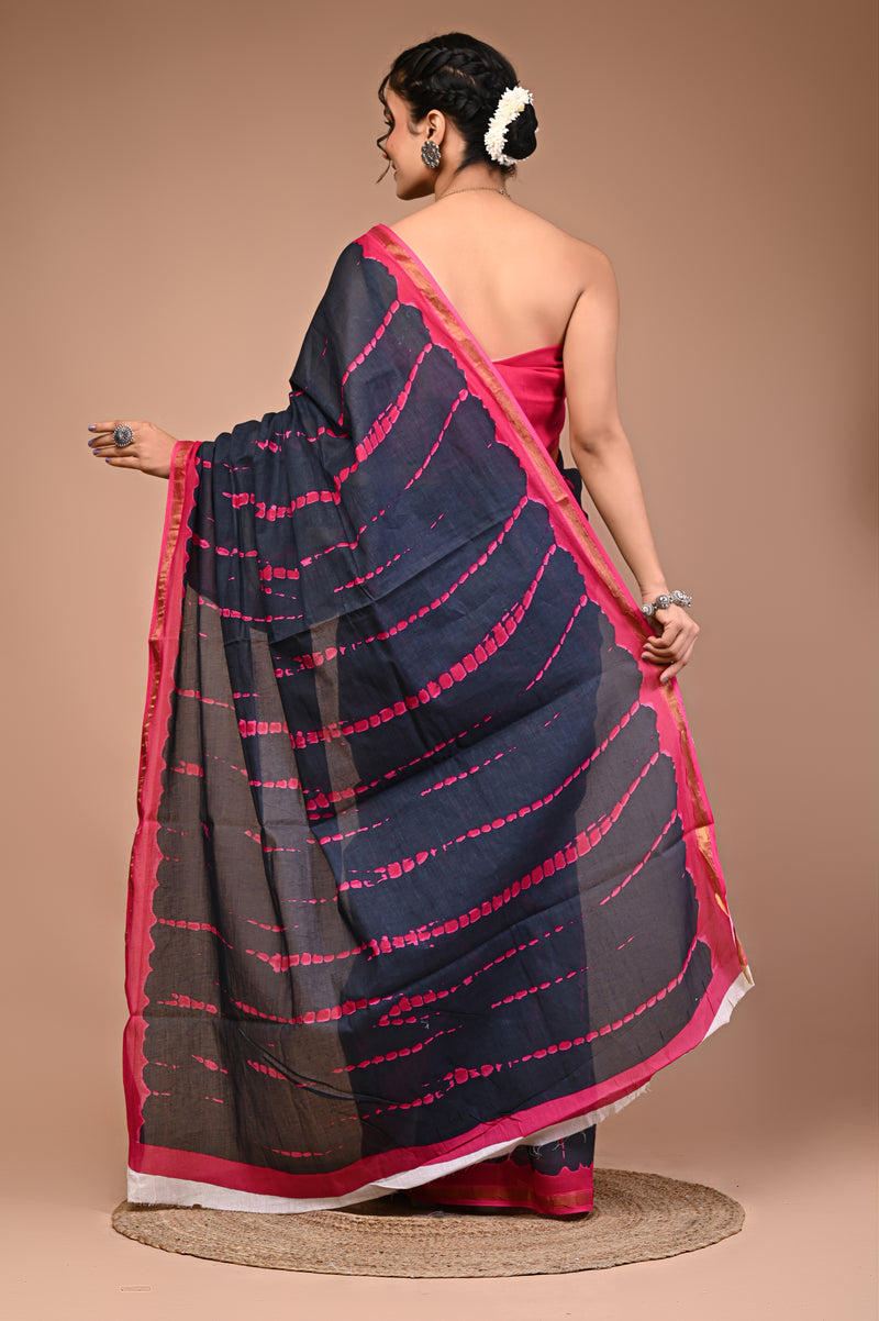 Lovwear Pink Tye Dye Waves Cotton MulMul Saree with Zari Border - Front View