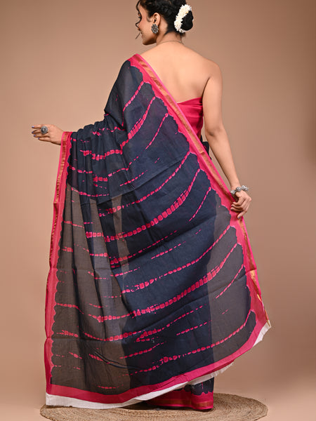 Lovwear Pink Tye Dye Waves Cotton MulMul Saree with Zari Border - Front View