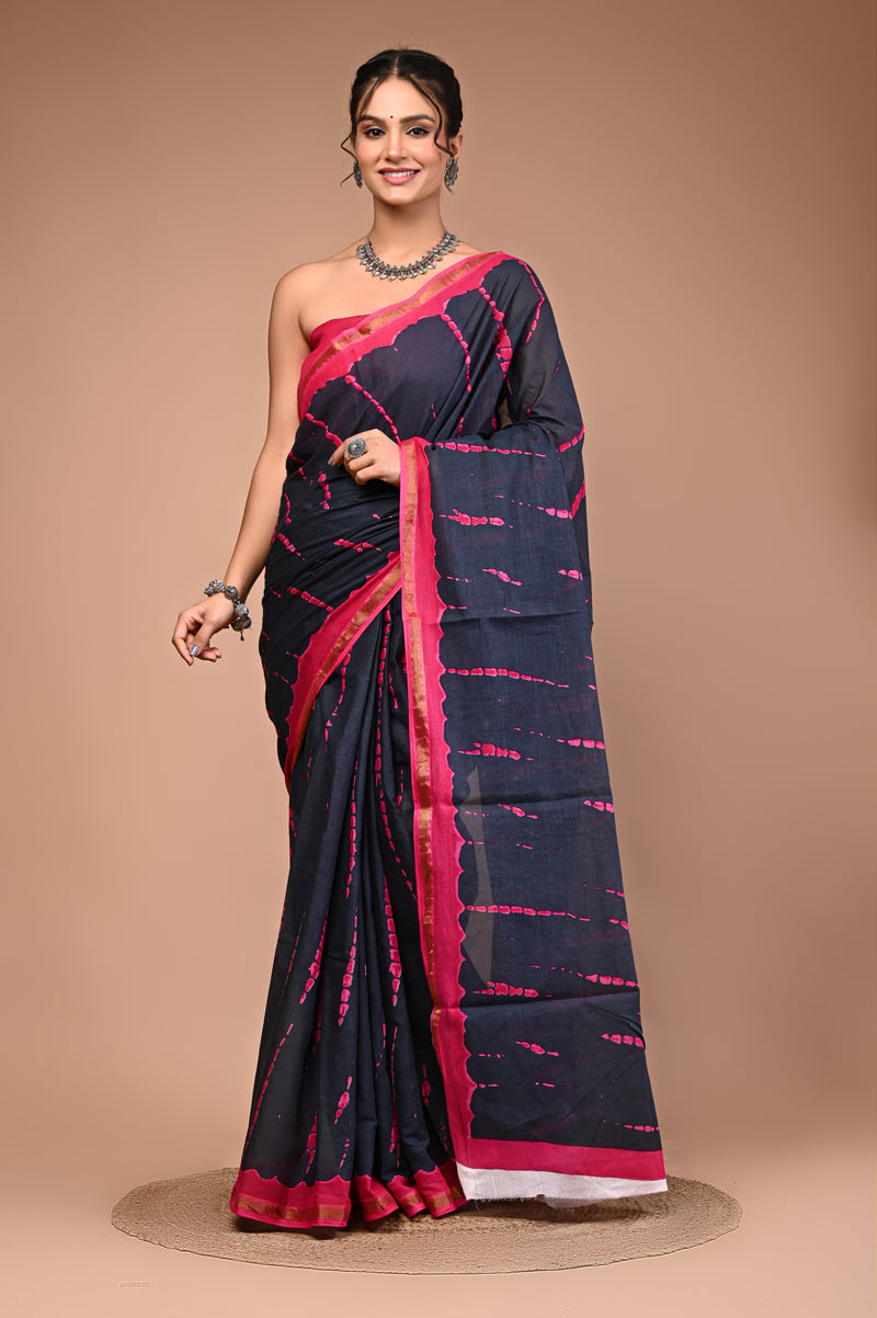 Lovwear Pink Tye Dye Waves Cotton MulMul Saree with Zari Border - Pallu & Border Detail View