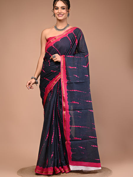 Lovwear Pink Tye Dye Waves Cotton MulMul Saree with Zari Border - Pallu & Border Detail View