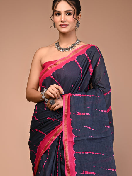 Lovwear Pink Tye Dye Waves Cotton MulMul Saree with Zari Border - Fabric Texture View