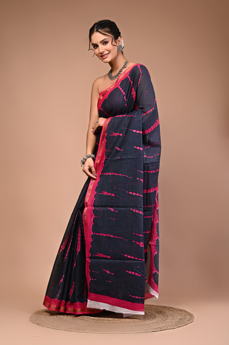 Lovwear Pink Tye Dye Waves Cotton MulMul Saree with Zari Border - Pleats & Full Length View