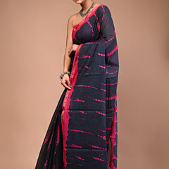 Lovwear Pink Tye Dye Waves Cotton MulMul Saree with Zari Border - Pleats & Full Length View