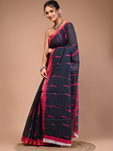 Lovwear Pink Tye Dye Waves Cotton MulMul Saree with Zari Border - Pleats & Full Length View