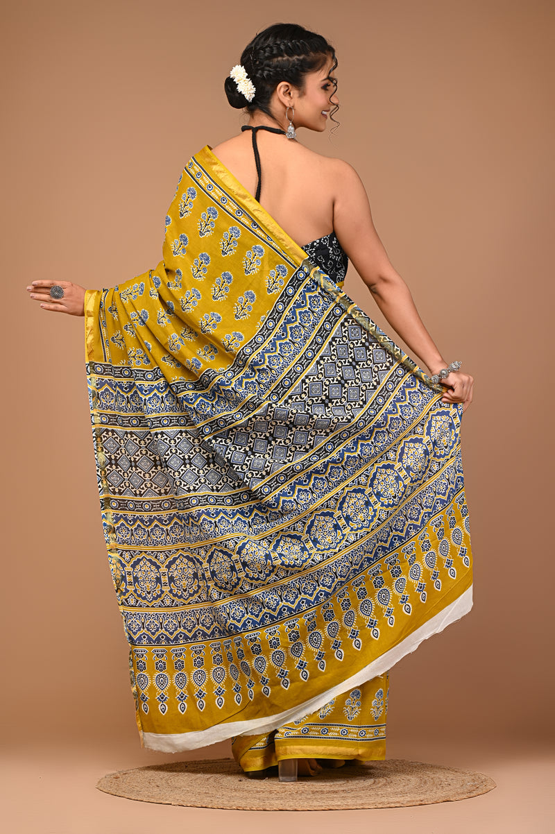 Lovwear Mustard Naveen Motif Cotton MulMul Saree with Zari Border - Front View