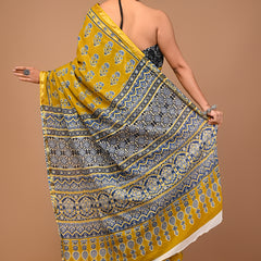 Lovwear Mustard Naveen Motif Cotton MulMul Saree with Zari Border - Front View