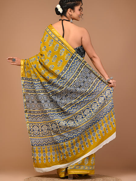 Lovwear Mustard Naveen Motif Cotton MulMul Saree with Zari Border - Front View