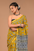 Lovwear Mustard Naveen Motif Cotton MulMul Saree with Zari Border