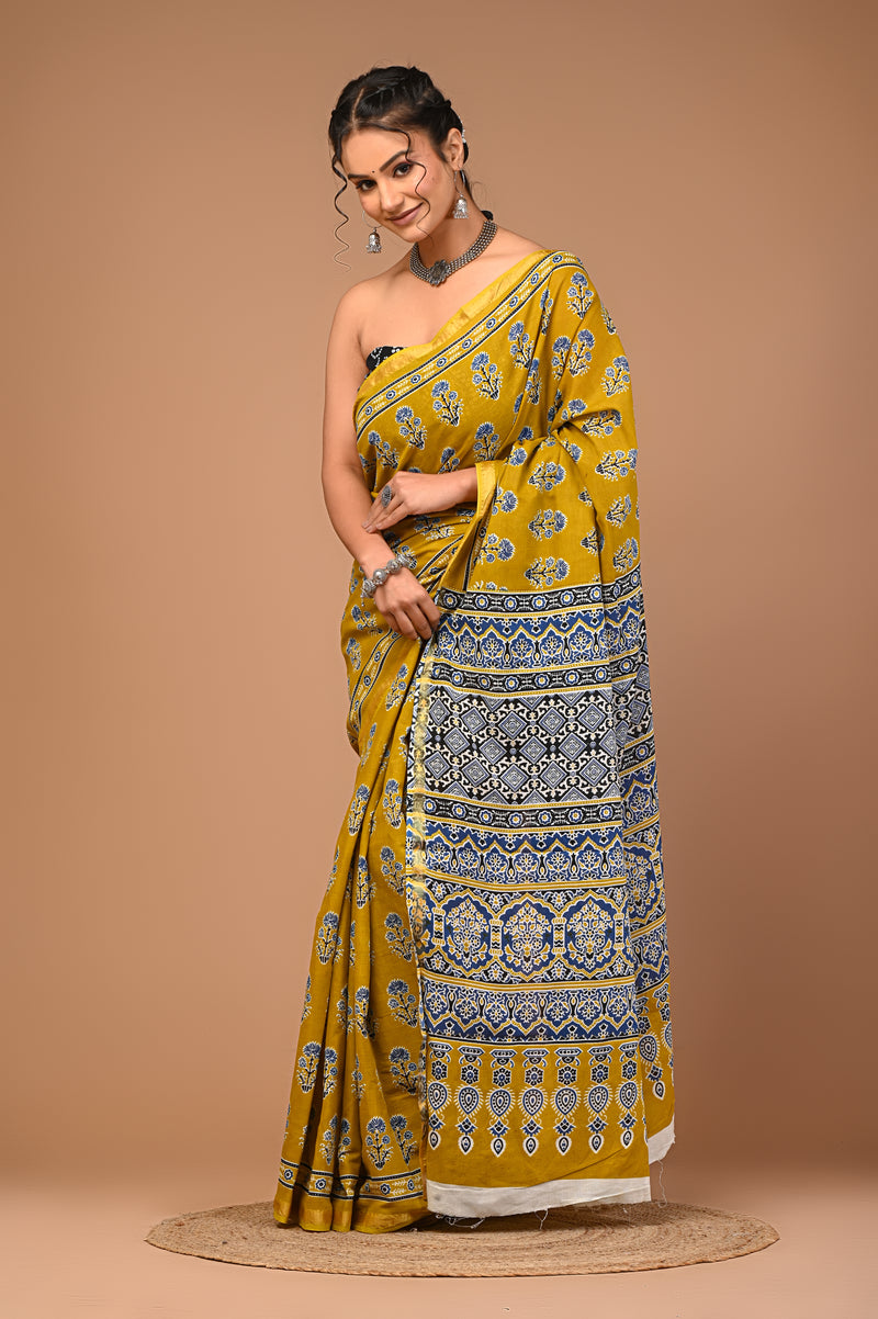 Lovwear Mustard Naveen Motif Cotton MulMul Saree with Zari Border - Fabric Texture View