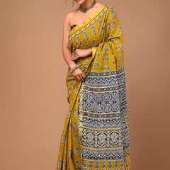 Lovwear Mustard Naveen Motif Cotton MulMul Saree with Zari Border - Fabric Texture View